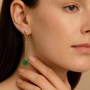 Dainty Natural Emerald Chain Earrings, Minimaliste earrings, Gemstone Drop